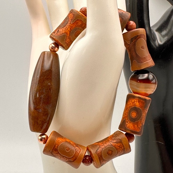 OCEAN JASPER + 3 EYE TIBETAN AGATE NATURAL STONES BRACELET size 7” - Picture 13 of 14